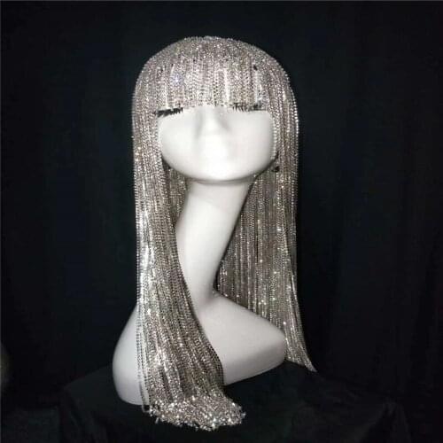 H57 Glass Diamond Chain Headwear Handmade Wig Long Hair Party Show Club Decoration Pole Dancer Singer Performance Drill Female F