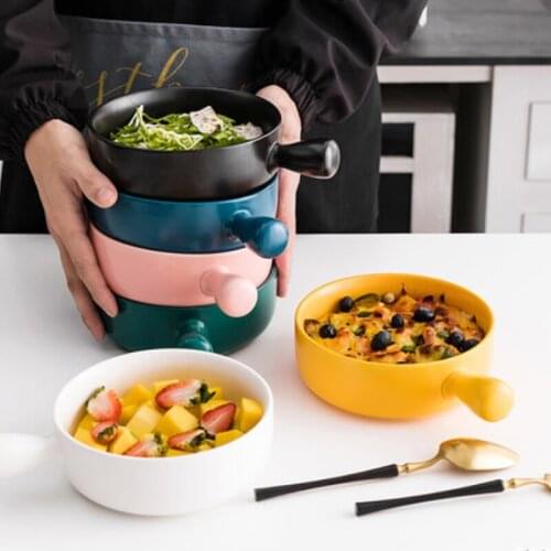 Ceramic Solid Color Dessert Soup Noodle Bowl Breakfast Salad Bowl with Handle Microwave Oven Special