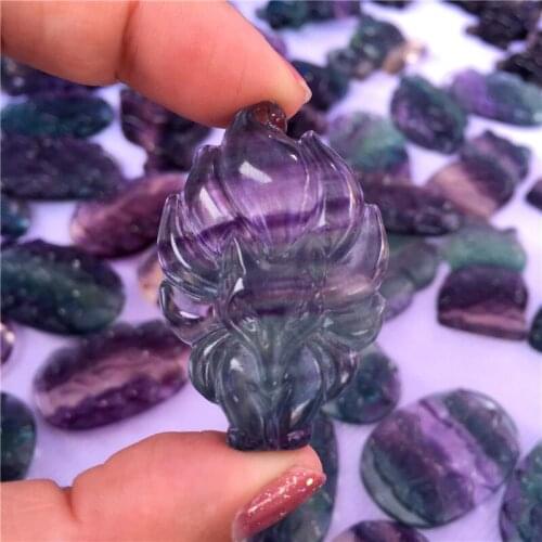 Beautiful Natural Colorful Fluorite Crystal Hand Carved Nine-Tailed Fox Crystal Healing Lucky Amulet Animal Carving Gift