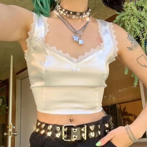 Cute Bow Satin Tank Tops Y2K Sexy V-neck Sleeveless Lace Crop Tops 90S Sweet Girls Millkmaid Vest Clothes D509