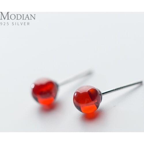 Modian Red Opal Stud Earrings for Women Girls 925 Sterling Silver Earing Luxury Fine Rhinestone Silver Jewelry