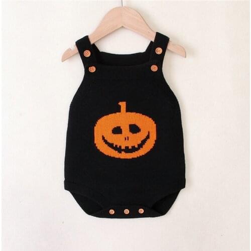 Baby’s Fashion Suspender Jumpsuit Infant Kids Halloween Cartoon Pumpkin Knitted Triangle Wrapped Romper 3-24M