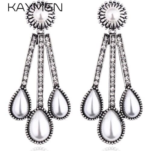 Newest Zinc-alloy Antique Silver Plated Inlaid Rhinestones and Imitation Pearl Vintage Dangle Earrings for Women Party Prom