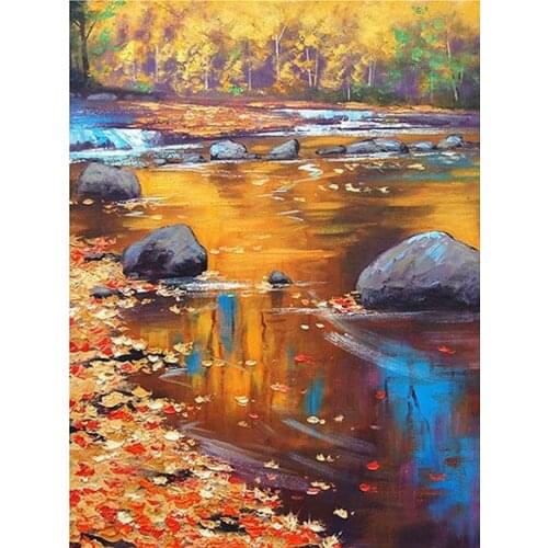 Autumn Landscape Abstract Brook Oil Painting On Canvas Unique Fall Abstract Trees And Leaves Oil Painting On Canvas For Wall Art
