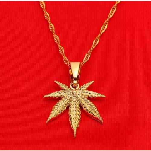 24K Yellow Gold Color Jewelry Cannabis Weed Marijuana Leaf Pendant Necklace