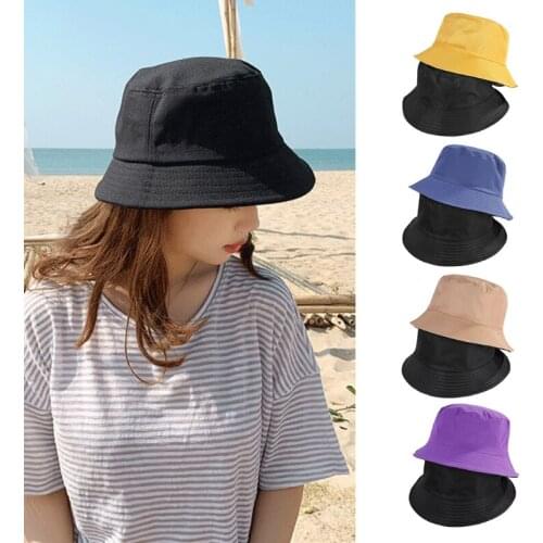 Korean Women Men Simple Solid Color Panama Bucket Hat Reversible Double Sided Wear Wide Brim Sunscreen Hip Hop Foldable Cap C6UD