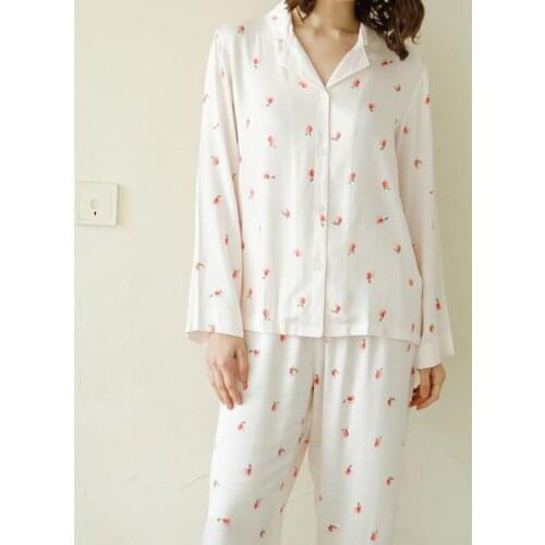 Peach Print Loose Style Home Pajamas for Women 2020 Spring Pajamas Set for Women Long Sleeve Cardigan Tops with Long Trousers