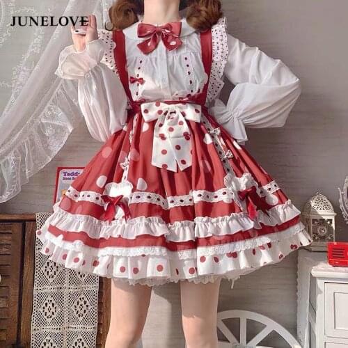 JuneLove Japanese Cute Gothic Lolita Strawberry Dress Set Summer Sweet Girl Cute Woman JK Uniform Harajuku Maid Sling Dress Suit