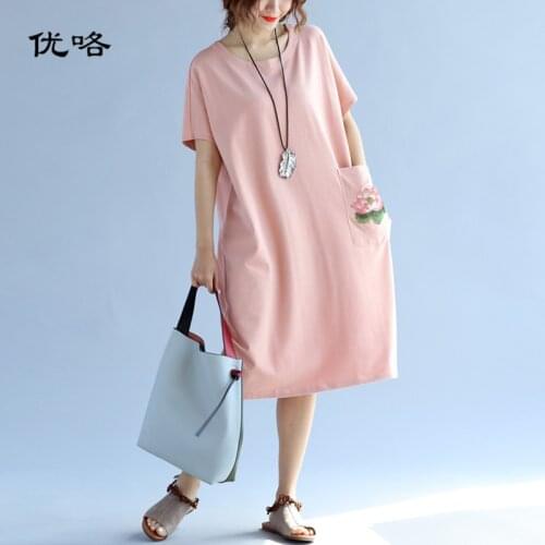 Women Chinese Embroidery Dress 2020 Summer Fashion Plus Size Midi Dress Female Short Sleeve Casual Loose Dresses Female 5XL 6XL