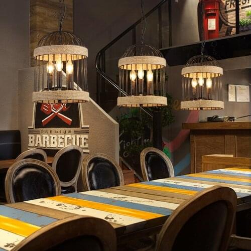 Retro industry wind rope lamp wrought iron birdcage pendant creative cafe bar clothing store aisle retro Pendant Lights GY86