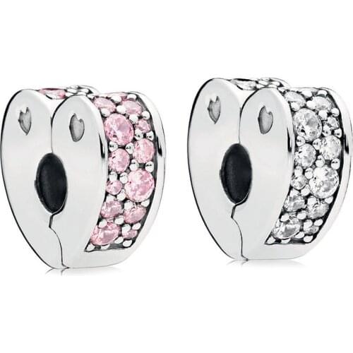 S925 Stopper Bead Charm Sparkling Pink Arcs of Love Clip Clear CZ for Women Bracelet Bangle Girl DIY Jewelry