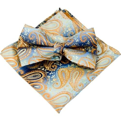Paisley Floral Yellow Gold Tuxedo Pre-tied Mens Bow Tie Pocket Square 100% Silk Set Adjustable Wholesale Casual Party