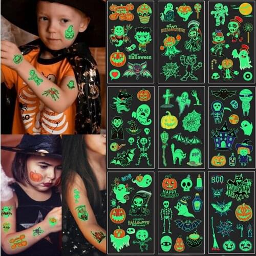 Halloween Luminous Tattoo Stickers Skeleton Pumpkin Waterproof Temporary Sticker Halloween Eve Trick or Treat Party Kids Gifts