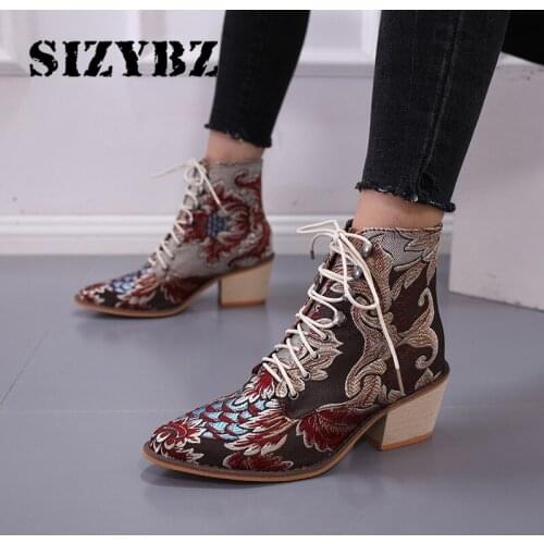 Lace-Up warm Boots Women Pointed Toe Flower Boots Microfiber Leather Ankle Boots Women Botines Luxury Botas Mujer comfortable