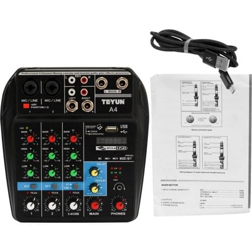 TU04 BT Sound Mixing Console Record 48V Phantom Power Monitor AUX Paths Plus Effects 4 Channels Audio Mixer with USB
