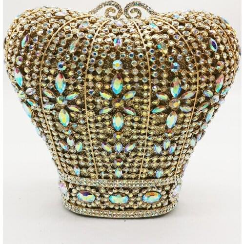 WHTUOHENG Champagne Color Rhinestone Purse Luxury Fashion Crown Shape Wedding Party Shoulder Chain Handbags Mini Minaudiere