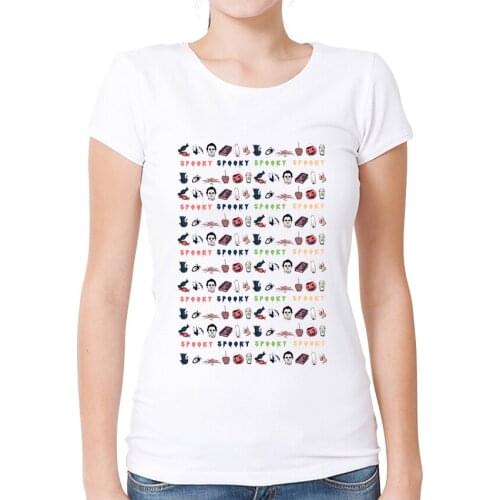 2019 AMEITTE Funny Halloween Pattern T Shirt Fashion Cartoon Geek Style Tees For Women Hipster White Print O-Neck t-shirt Tops