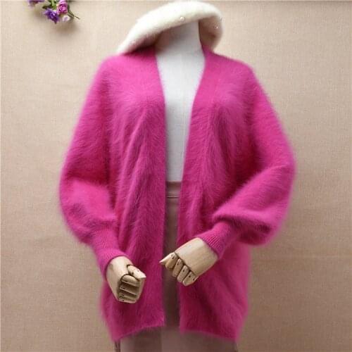 Top quality female women hairy fuzzy mink cashmere long lantern sleeves cardigans mantle angora rabbit fur jacket coat sweater
