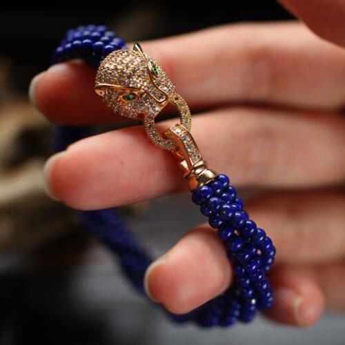 2019 New Design Fashion Women Bracelets Lapis Lazuli & Micro Pave Zircon Leopard Clasp Blue Lapis Lazuli Brand Women Bracelet