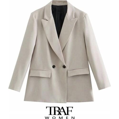 TRAF Za Women Fashion Double Breasted Loose Blazer Coat Vintage Long Sleeve Flap Pockets Female Outerwear Chic Veste Femme