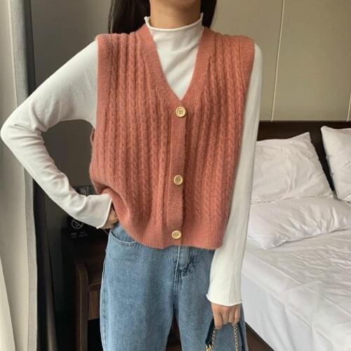 2020 Women Solid Color V Neck Single-breasted Braid Knitted Cardigan Waistcoat Vest Women clothing топ женский ropa mujer