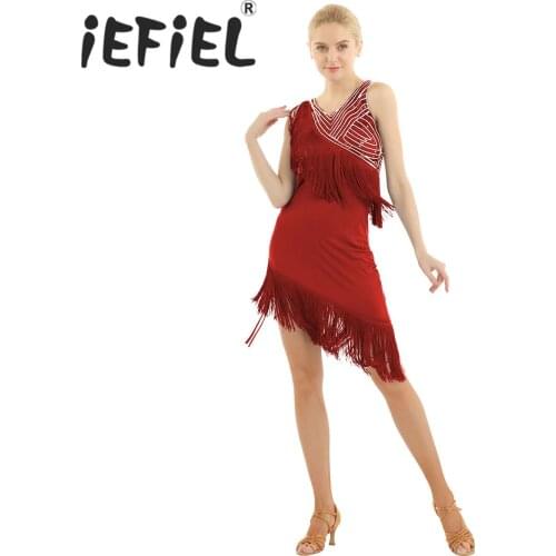 Adults Women Ballet Dress Shiny Sequined Sleeveless Tassel Asymmetric Latin Tango Rumba Cha Cha Belly Contemporary Dance Dress