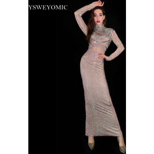 2021 Sparkly Multi-color Rhinestones Long Dress Women Birthday Outfits Celebrate Prom Party Dress Singer Performance Cloth