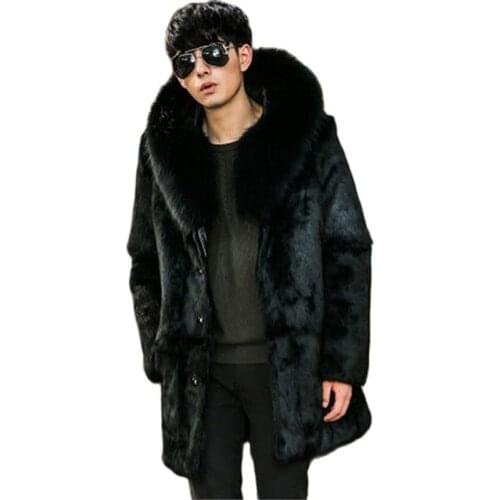 S-5XL Europe and United States High imitation Mink Fur Coat Faux Fox Fur Coat Long hooded Overcoat Male Winter Clothing