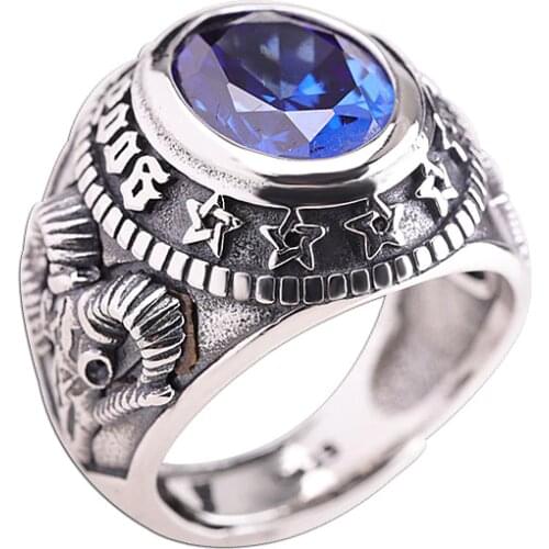 925 Silver Blue Zircon Stone Handmade Women Men Ring Vintage Punk Rock Sheep Head JEWELRY GIFT A4471