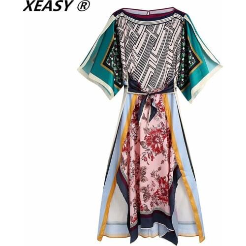 XEASY Women 2021 Fashion With Bow Tied Patchwork Print Slit Dress Vintage Short Sleeve Back Zipper Female Midi Dresses