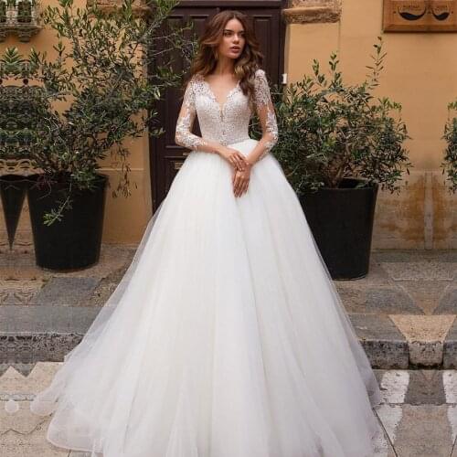 Long Sleeves Tulle Wedding Dresses 2021 A Line Lace Appliques Bridal Wedding Gowns Vestido De Noiva Back Button Floor Length