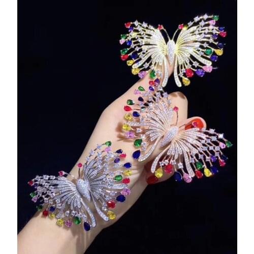 1pc 38x60mm golden plated multi color Cz micro butterfly brooch