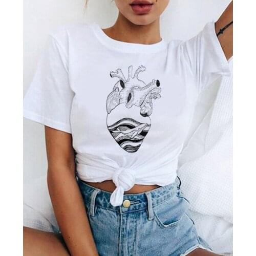 2020 Summer Women T-shirt heart Theme Printed Tshirts Casual Tops Tee Harajuku 90s Vintage White tshirt Female Clothing