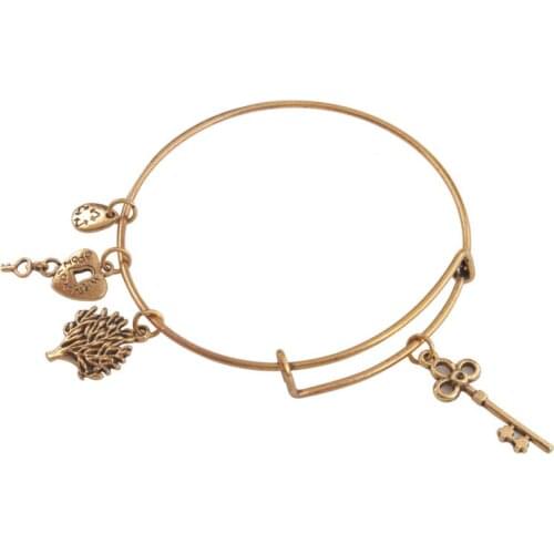 5PCS Fashion Antiqued Gold Color animal key word ect Expandable Wire Bangle Charm Bracelet