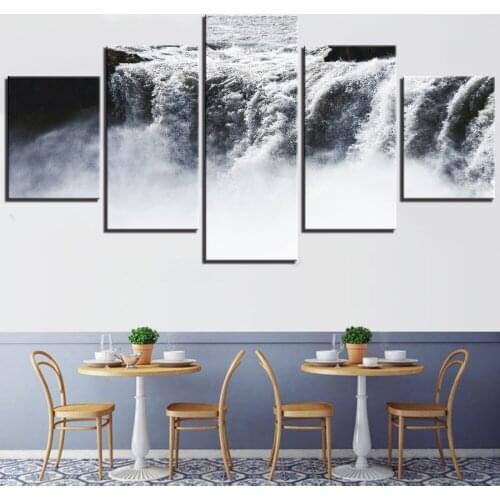 5 Pieces Waterfall Canvas Painting Spray Wallpapers Landscape Posters Cliff Stream Picture For Home Room Decor Artwork Furniture