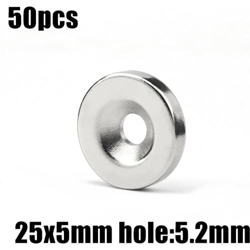 50pcs 25 x 5 mm Hole: 5.2mm super Strong Round Neodymium Countersunk Ring Magnets Rare Earth N50 Free Shipping
