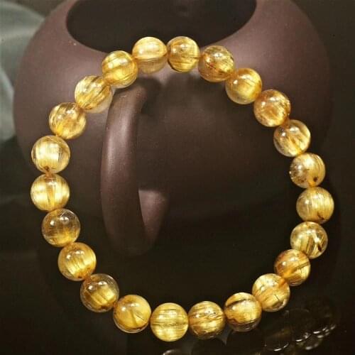 Natural Gold Rutilated Quartz Bracelet Crystal Woman Man Titanium 8.8mm Clear Round Beads Jewelry Fashion AAAAA