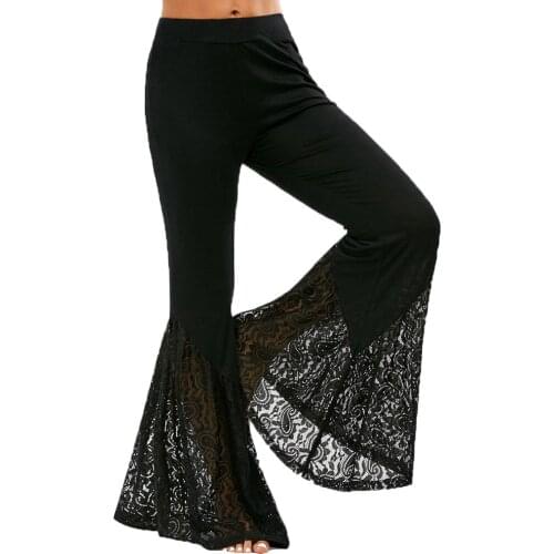 Lace Flare Pants Lace Up Patchwork Slim Trousers Fashion Bandage Side See Through Europe Style Casual Bellbottoms Women