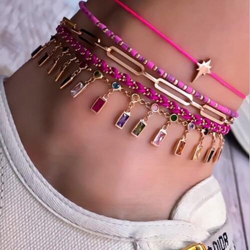 5PCS Bohemian Anklet Set Rhinestone Foot Chain Beaded Anklet Braided Rope Anklet Adjustable Foot Chain Leg Foot Chain