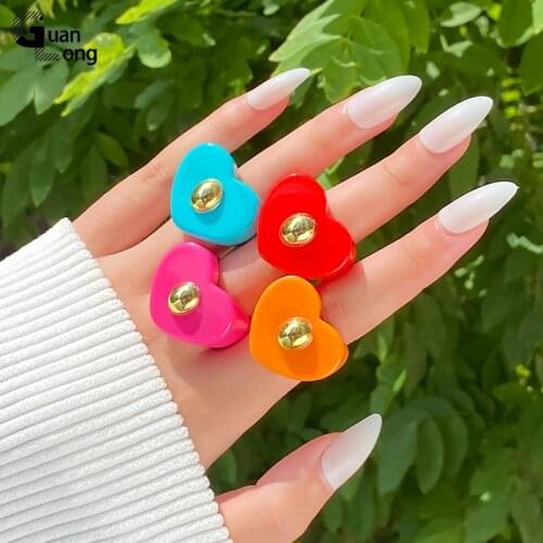 GuanLong 2021 Colourful Resin Acrylic Cute Rings Aestethic for Teen Girls Geometric Heart Finger Rings for Women Fashion Jewelry