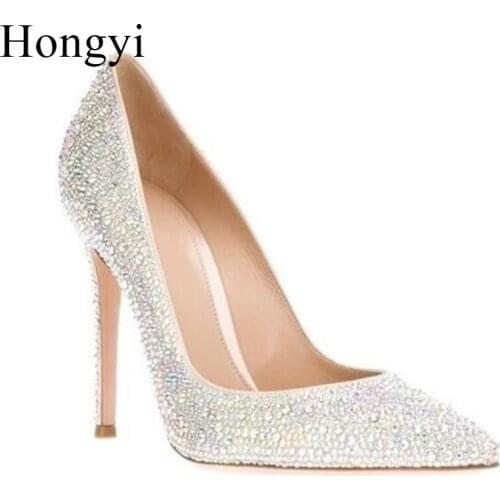 Hongyi Elegant Bling Bling Crystal High Heel Pumps Pointed Toe Luxury Rhinestone Bride Dress shoes woman High Quality Pumps