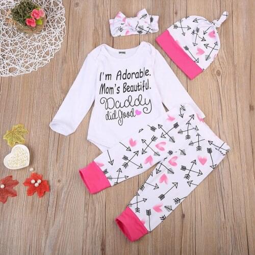 4 Piece Set For Newborn Baby Girls Long Sleeve Letter Print Bodysuit Tops Arrow Pant Hat Headband Outfit 0-18M