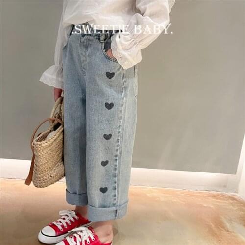 Toddler Girl Fall Clothes 2021 Retro Jeans Wide Leg Jeans Side Love Printed Girl Denim Loose Pants Light Color Trousers