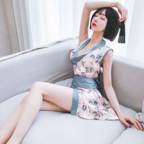 New Style Kimono Open Cut Sexy Underwear Womens Retro Cheongsam Night Dress Pajamas Chinese Ink Painting Printed Sleepwear