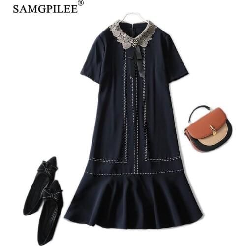 Dresses For Women 2021 Summer New Light Luxury Bright Line Decoration Crocheted Lapel Short-sleeved Dress For Womens Party 4XL