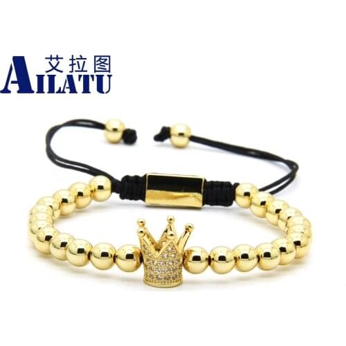 Clear Cz Crown Braided Charm Men Bracelet 6mm Top Quality Brass or Stainless Steel Beads Party Gift Jewelry