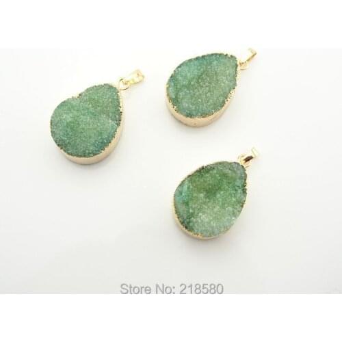 PS00087 Green Crystal Druzy Teardrop Pendants with Gold Electroplated Trim