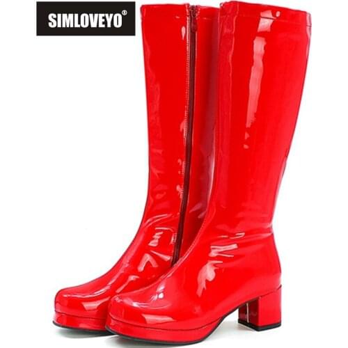 SIMLOVEYO Autumn Candy Sweet Knee-High boots Round toe square heel PU Zipper Big size 33-46 Yellow Green Purple Orange S1981