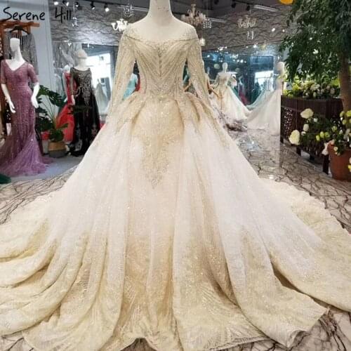 Serene Hill Dubai Luxury Glitter Wedding Dress 2019 O-Neck Long Sleeves Lace Flowers Wedding Gown with Long Train Lastest Design