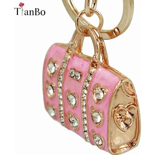 TianBo fashion Pink Enamel bag Crystal Rhinestone HandBag Pendant Keyrings Keychains For Car Key rings key chains holder women